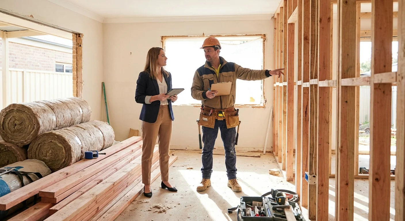 Contractor and real estate investor reviewing renovation plans at a property under construction