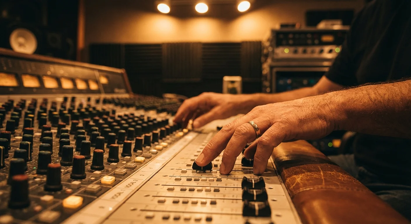Hands adjusting faders on a professional mixing console