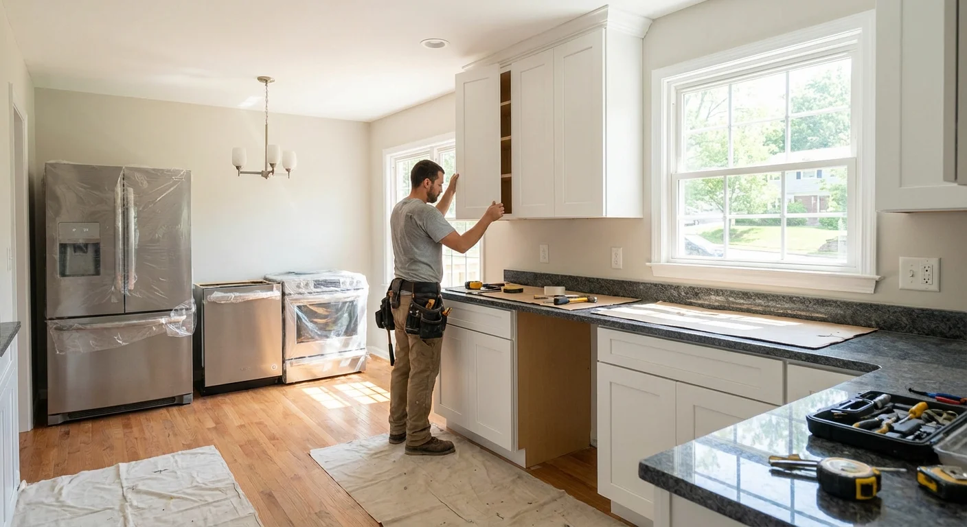 Kitchen renovation in progress with contractor installing cabinets