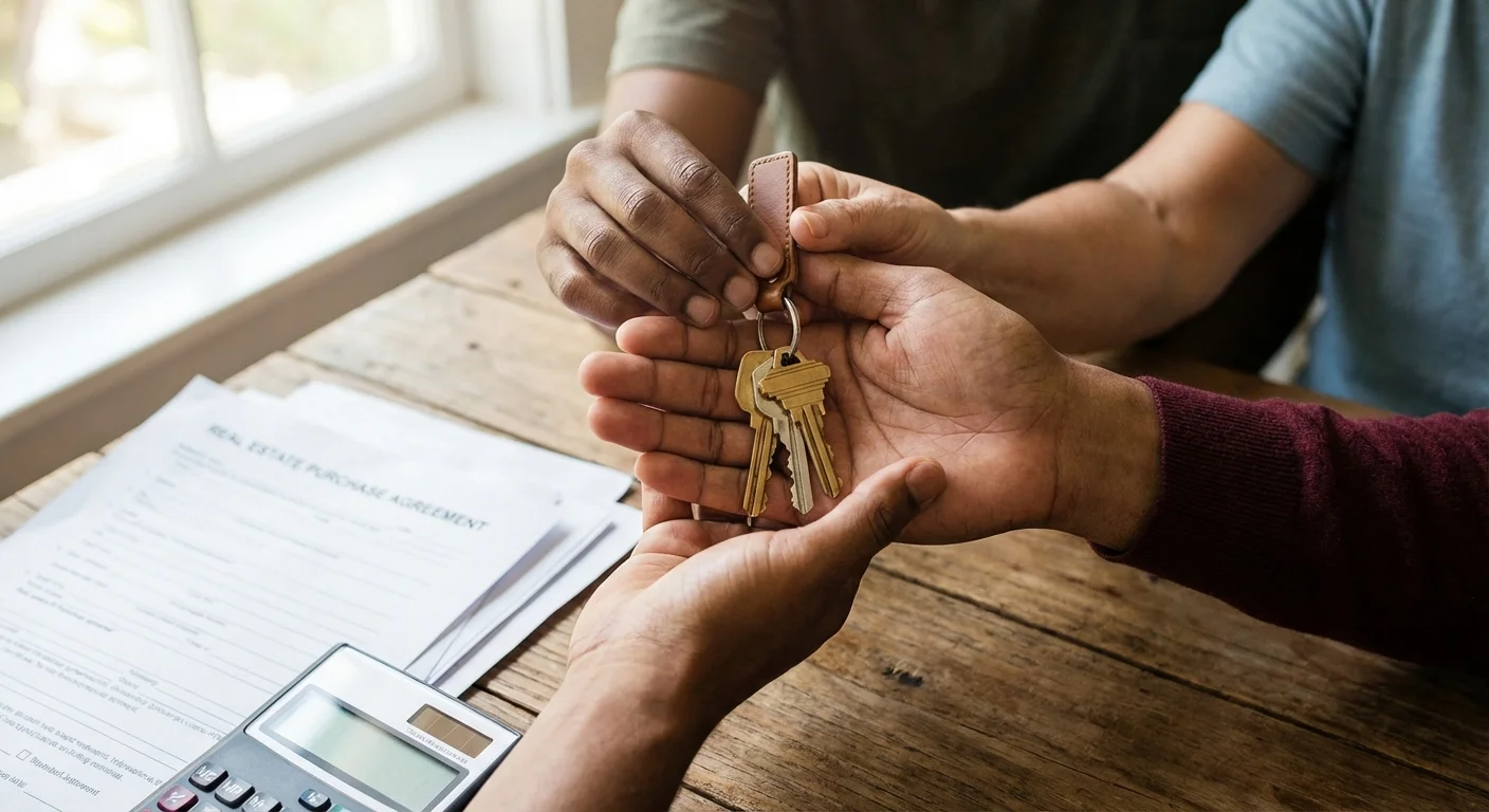 Real estate closing with key exchange over property documents