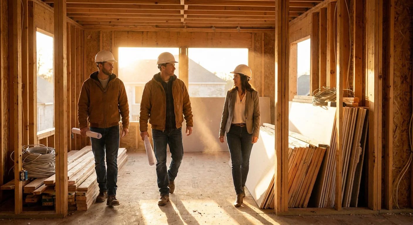 Contractors and investor walking through renovation project