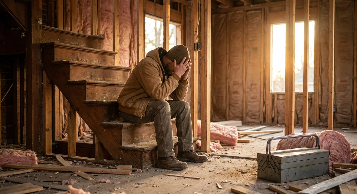 Stressed real estate investor sitting in gutted renovation property with head in hands