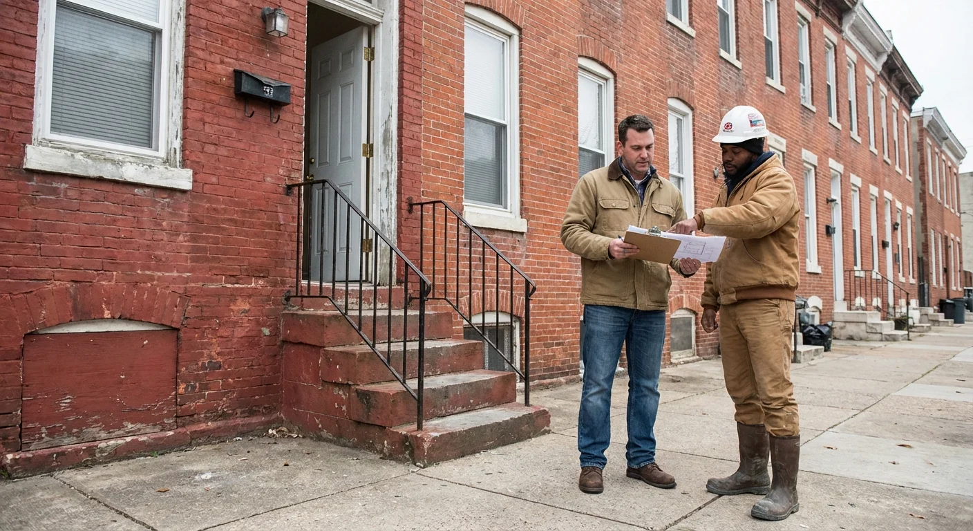 Real estate investor and contractor reviewing renovation plans outside Baltimore rowhouse