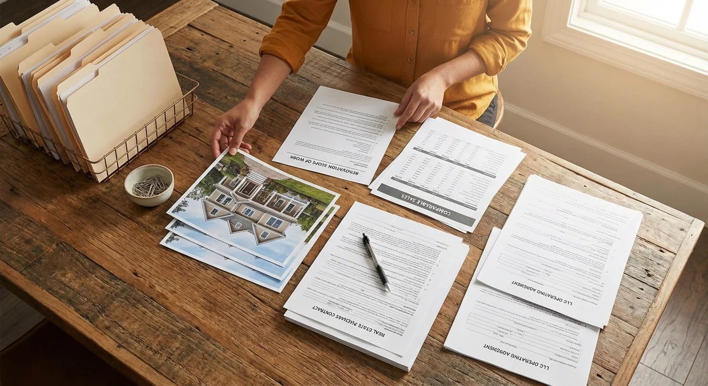 Real estate investor organizing deal documents at a desk with property photos and paperwork