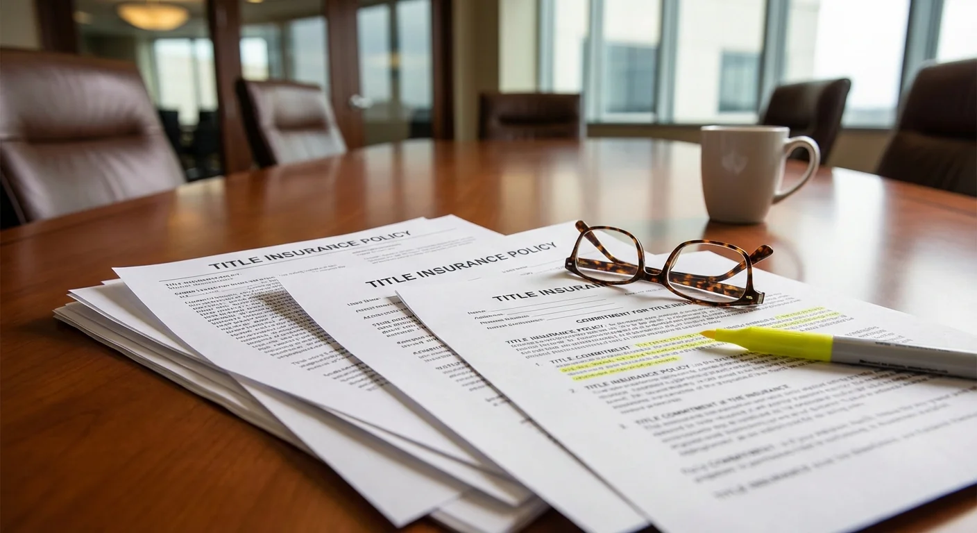 Title insurance policy documents with highlighted sections being reviewed on conference table