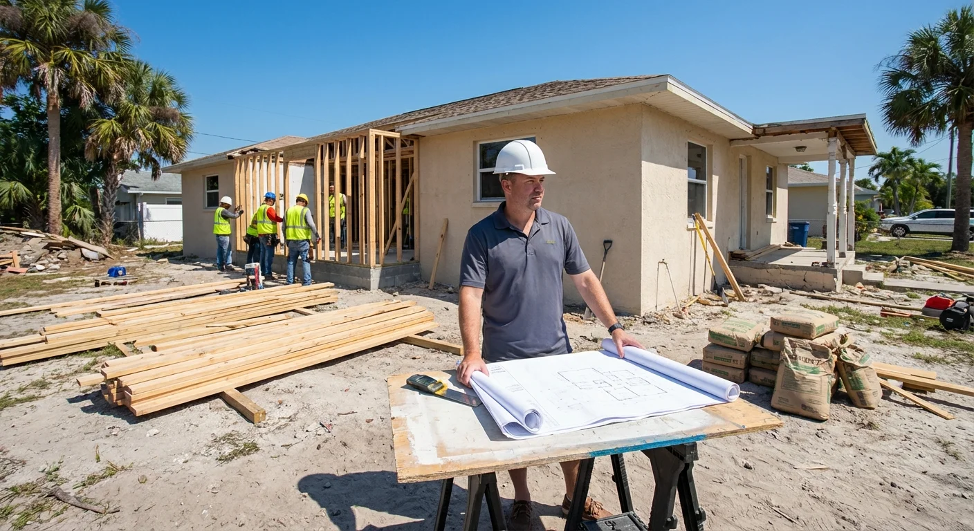 Real estate investor reviewing renovation plans at property site funded by hard money loans in Florida