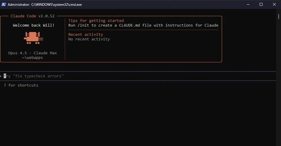 Claude Code running in PowerShell terminal for AI-assisted development