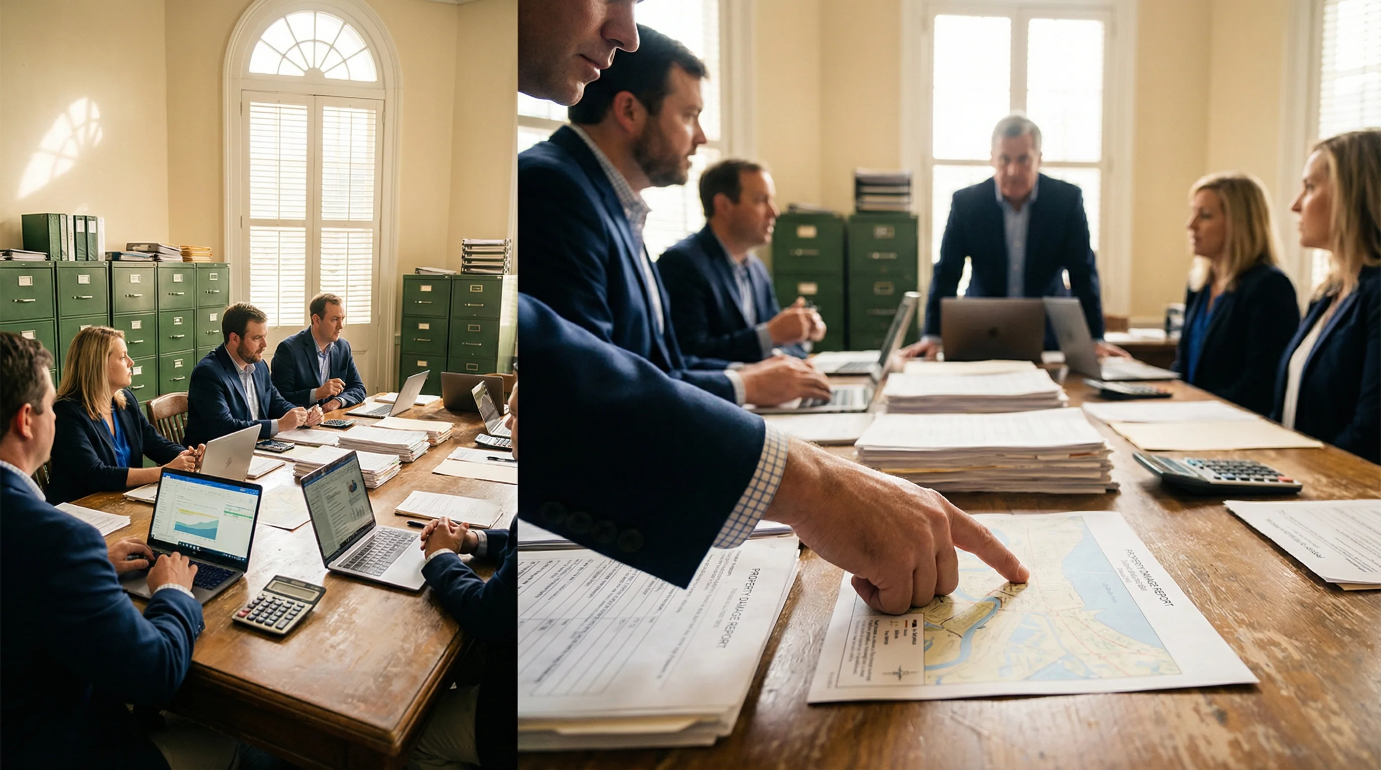Insurance professionals analyzing Louisiana market data and property damage reports