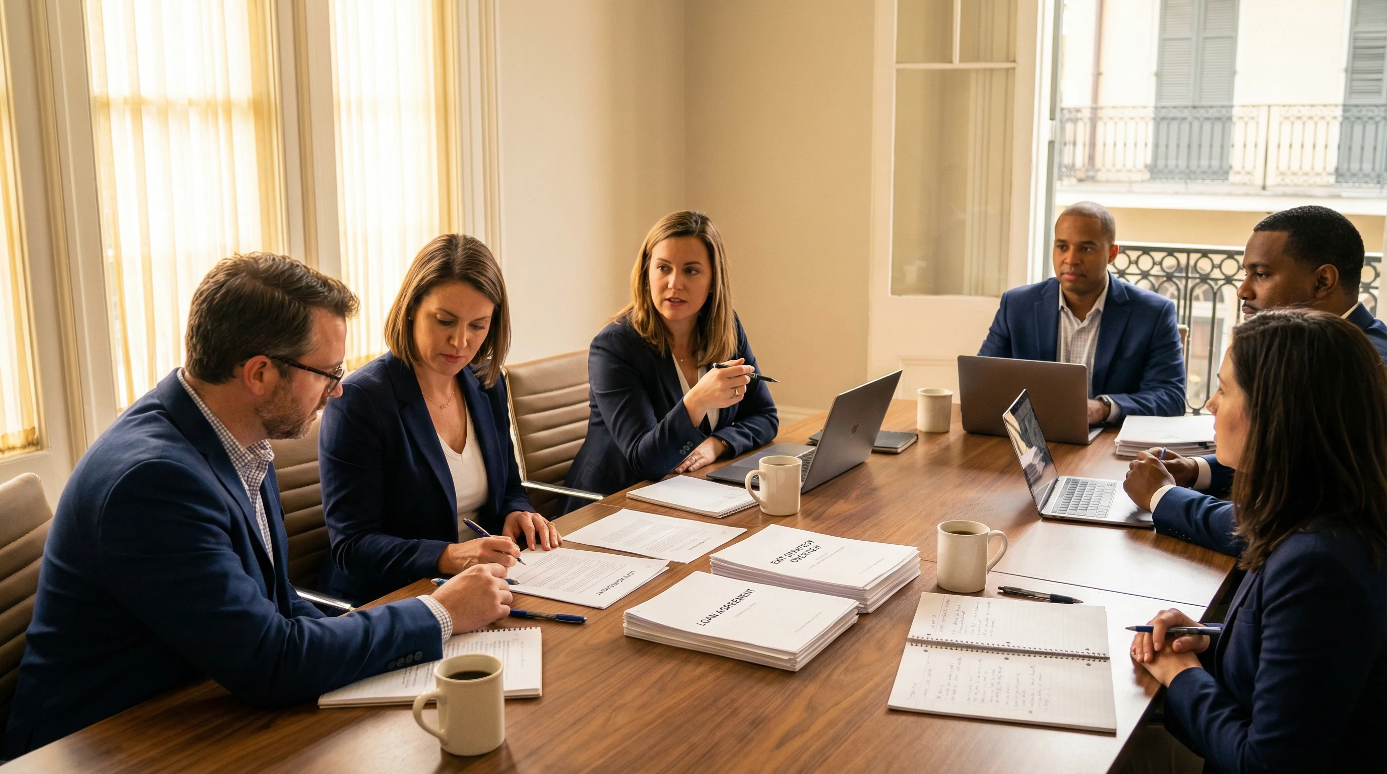 Real estate investors reviewing exit strategy documents and loan paperwork