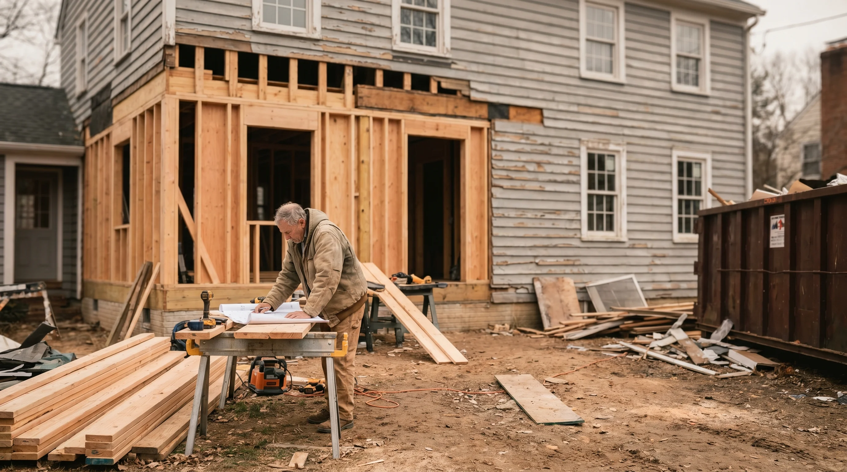 House mid-renovation with contractor reviewing blueprints